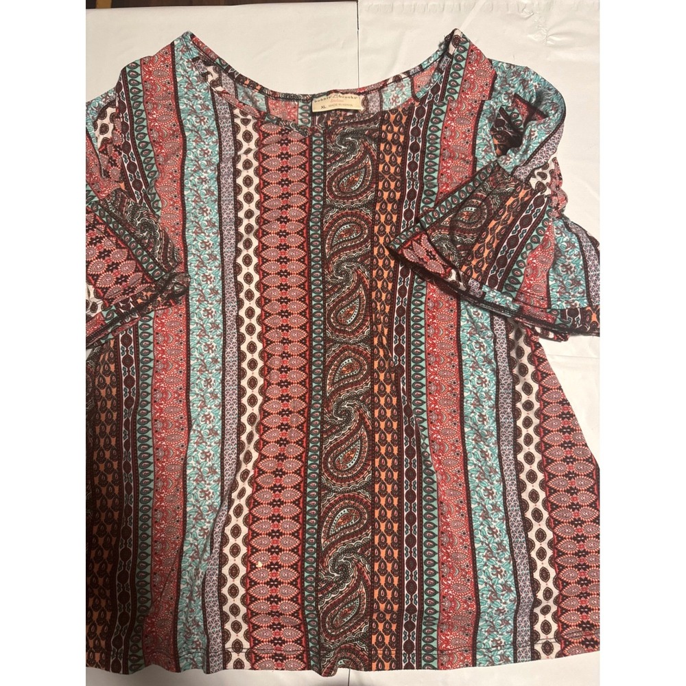 Bobbie Brooks Ladies XL Paisley Striped Bell Sleeve Boho Knit Top Teal Rust
